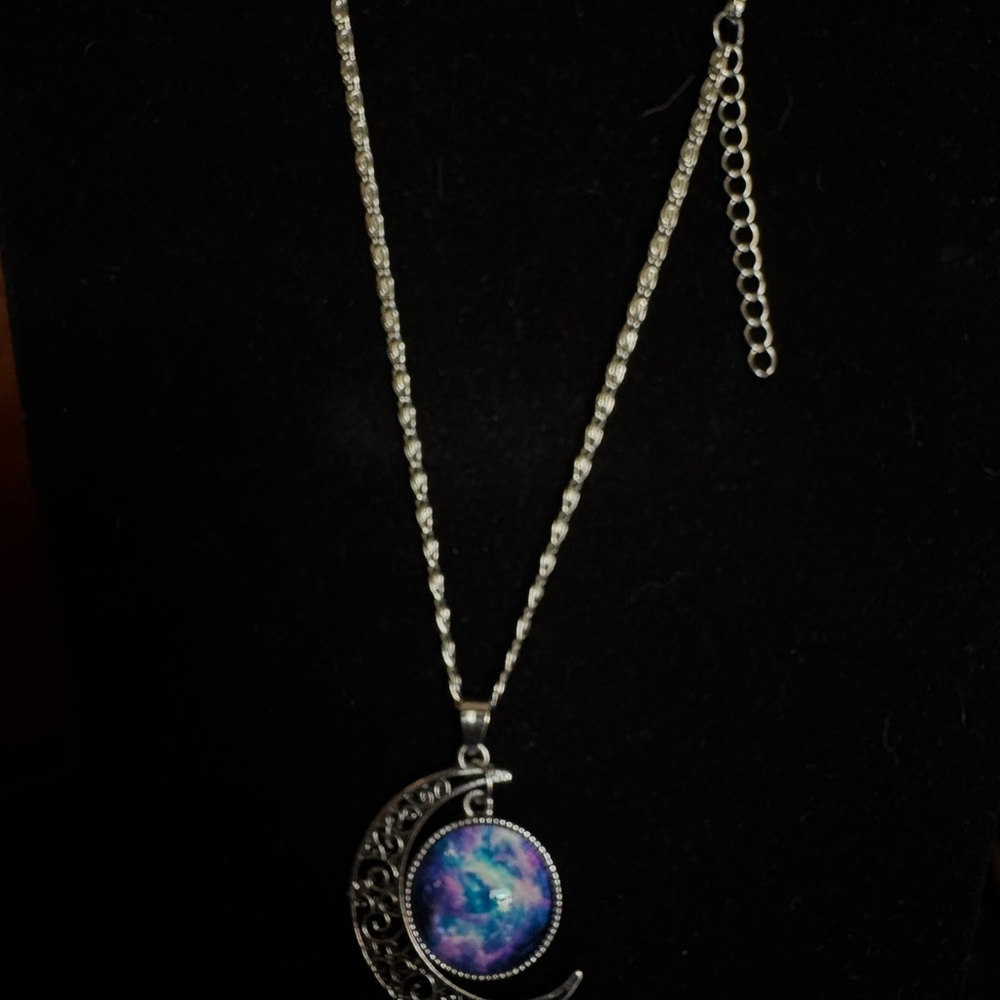Silver Moon Pendant Necklace with Blue and Purple Accents